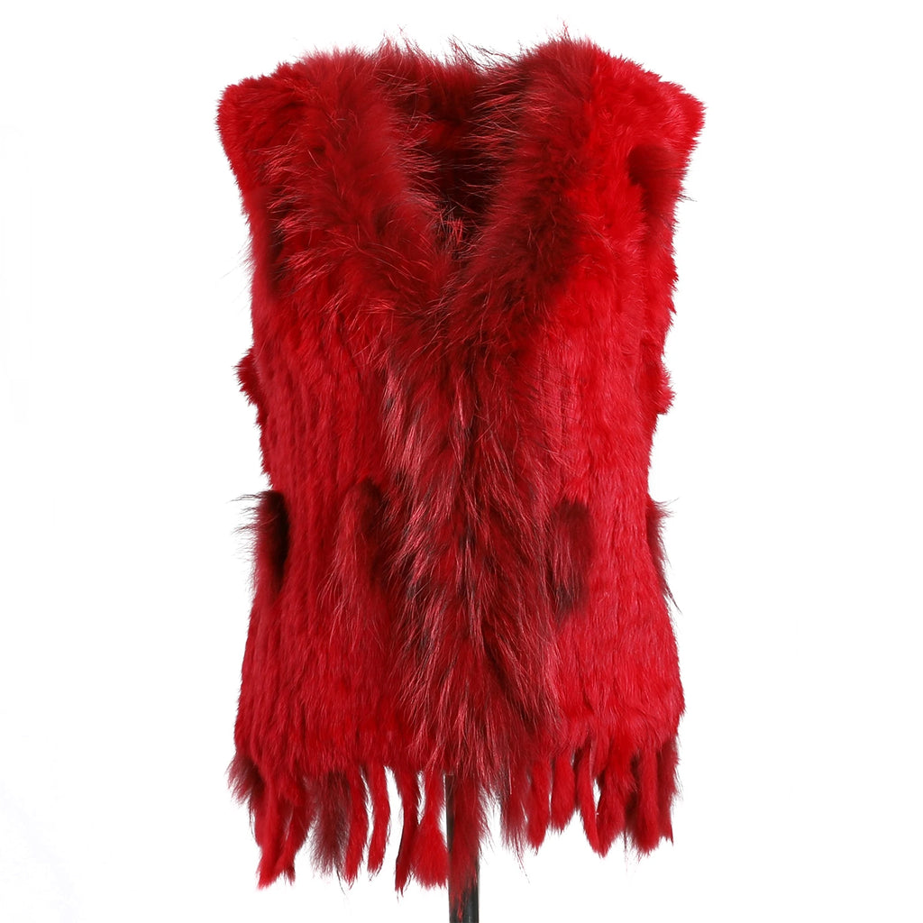 BOONJOVIA Women's 100% Real Rabbit Fur Knitted Vest Raccoon Fur Trim Collar Gilet Lady Fashion Waistcoat For Autumn Winter - Matrix Studios