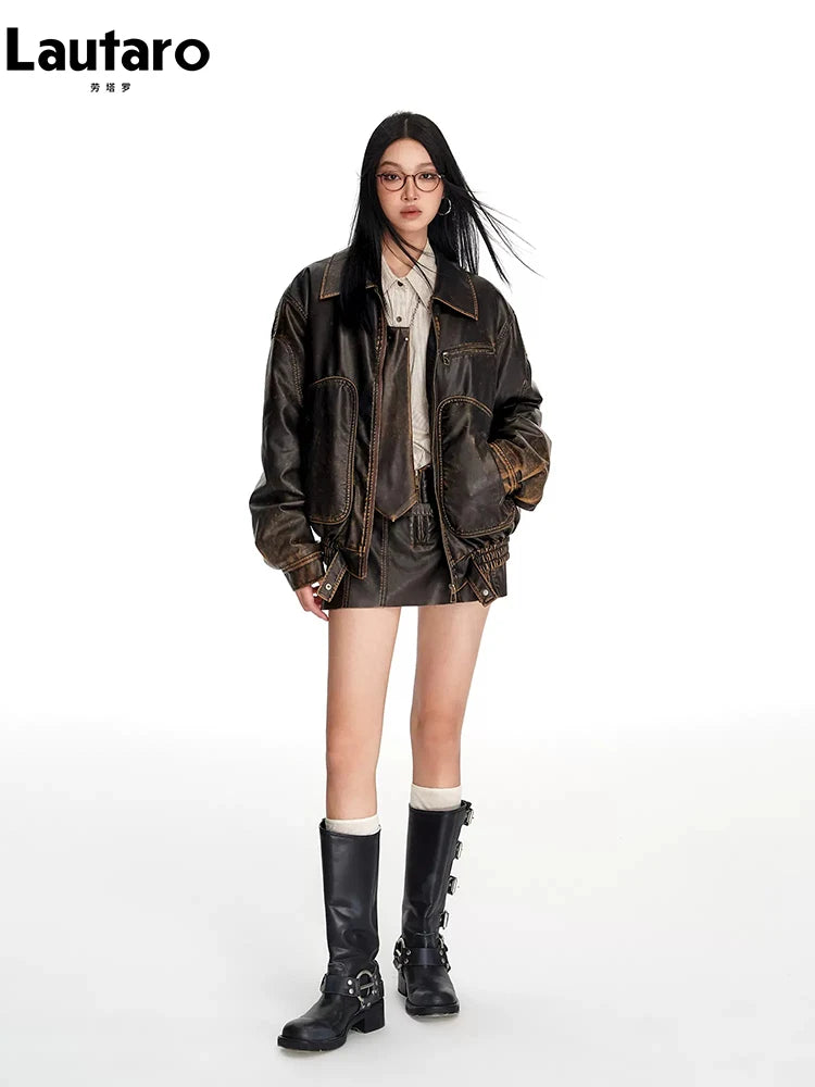 Lautaro Spring Autumn Cool Handsome Vintage Distressed Brown Pu Leather Jacket Women Faux Fur Collar Luxury Designer Clothing - Matrix Studios