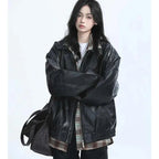 Retro Ladies Fashion Zipper Faux Leather Jacket Spring Autumn Women Long Sleeves Leather Coat 2025 Female PU Leather Outwear - Matrix Studios