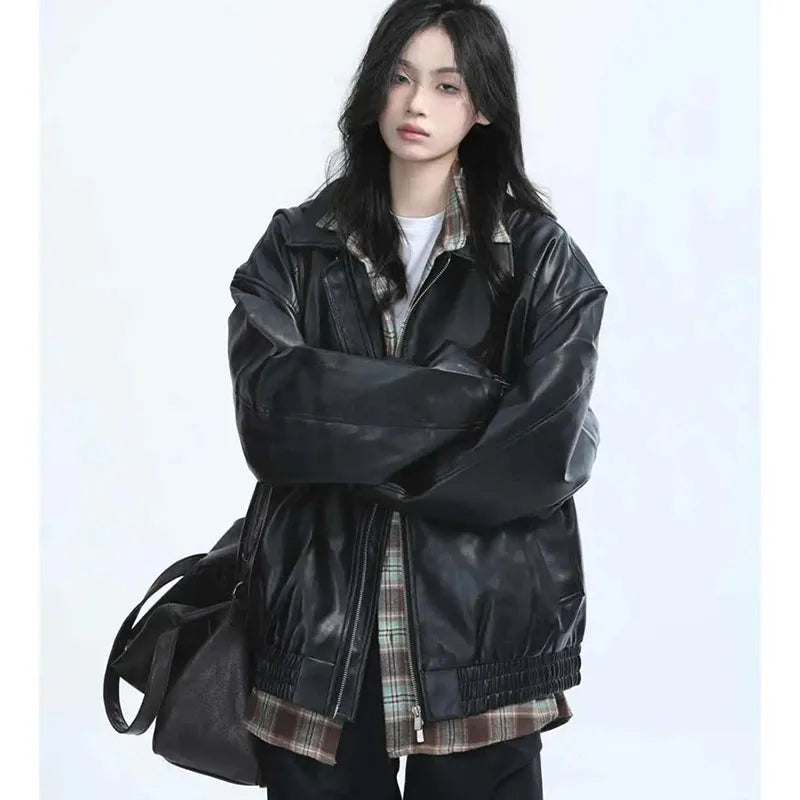 Retro Ladies Fashion Zipper Faux Leather Jacket Spring Autumn Women Long Sleeves Leather Coat 2025 Female PU Leather Outwear - Matrix Studios