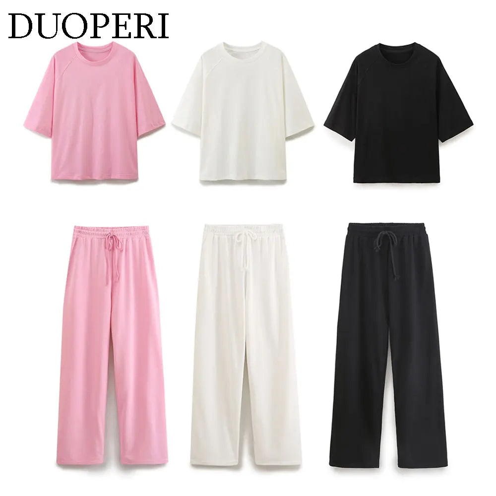 DUOPERI Women Fashion 2 Pieces Sets Solid Loose T-Shirt and High Elastic Waist Trousers Female Chic Lady Casual Pant Coordinates - Matrix-studios.com