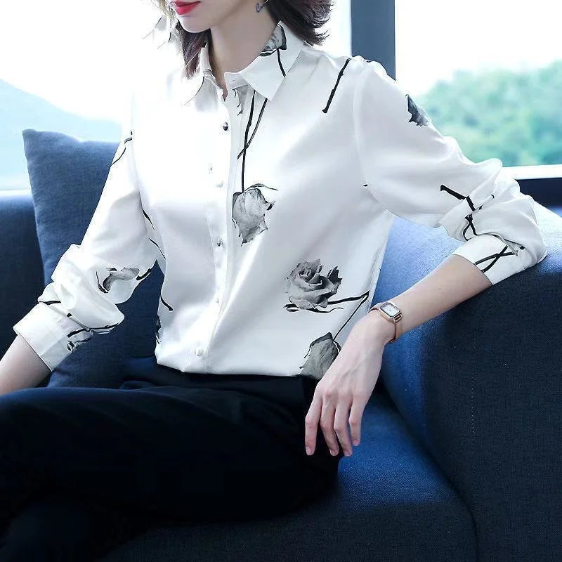 Woman Spring Autumn Style Blouses Shirts Lady Casual Long Sleeve Turn-down Collar Flower Printed Blusas Tops DF4851 - Matrix-studios.com