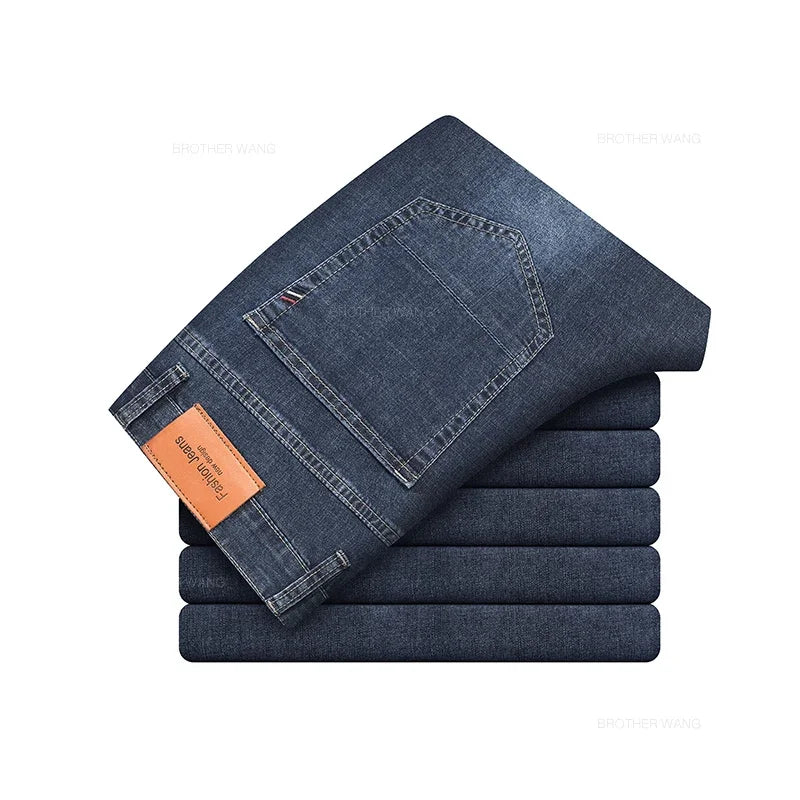 Summer Thin Men's Elastic Cotton Jeans Fashion Gray Comfortable Business Straight Casual Pants Brand Male Clothes Trousers - Matrix Studios