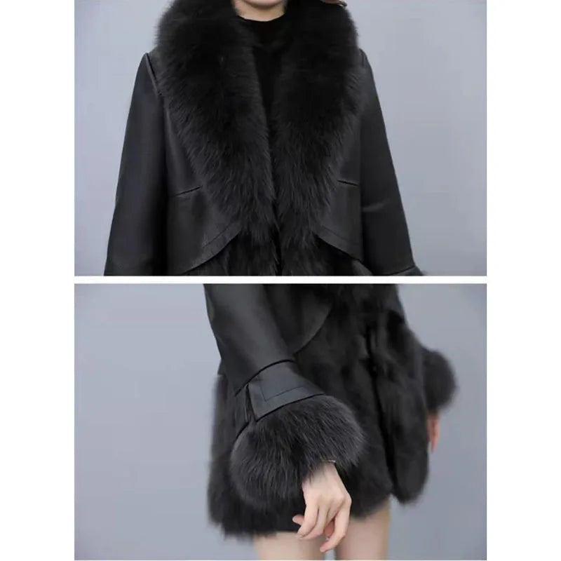 Chic Leather Jacket Women's Overcoat 2024 Autumn Winter New Faux Fox Fur Mid-Length PU Leather Stitching Thick Warm Coat Outwear - Matrix Studios