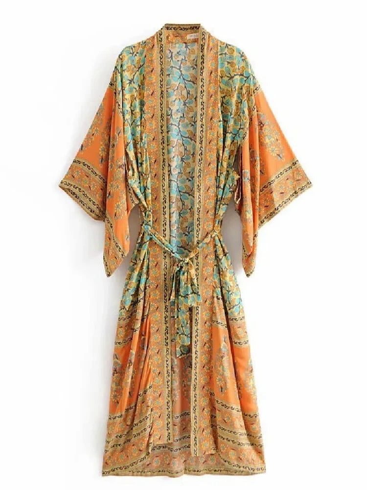 Bohemian Printed Bikini Cover-ups Green Tunic Long Kimono Cardigan Plus Size 2023 Women Beach Wear Swim Suit Cover Up A155 - Matrix Studios
