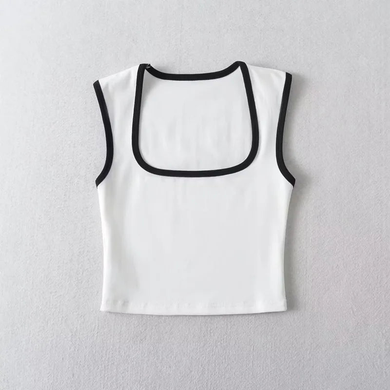 Woman Fashion Slim Solid Contrust Camis Casual Sleeveless Tanks Square Collar Crop Tops Clothing Streetwear Mujer 2024 Y2k - Matrix-studios.com