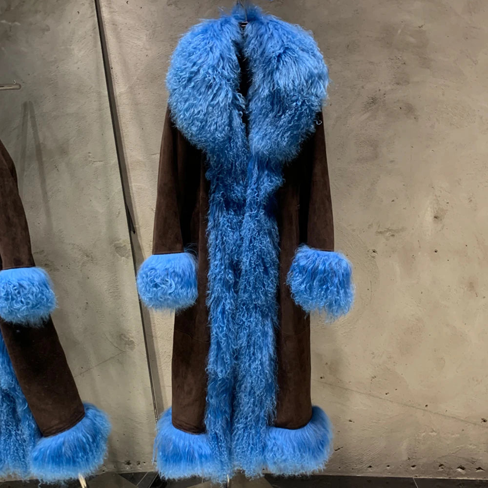 Suede Coat Fur Collar Women Autumn Genuine Sheepskin Coat Long with Mongfolian Fur Trim - Matrix Studios