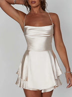 Women Sleeveless Satin Playsuits Fashion Summer Short Sling Backless Jumpsuits Cross Tie-Up Bandage Romper Streetwear Outfit - Matrix Studios