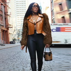 Patchwork Fur Leather Short Jacket Woman Lapel Zipper Belt Long Sleeve Straight Street Coat Casual Versatile Women's New Jackets - Matrix Studios