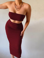 Hugcitar Women Elegant 2 Pcs Sets Strapless Sexy Tube Crop Tank Top Maxi Skirt 2025 Summer Women Casual Clothes Party Festival - Matrix-studios.com