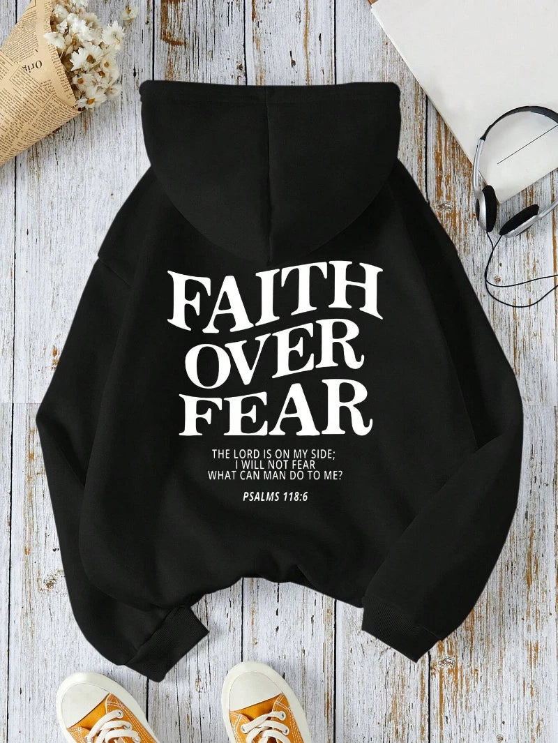 Casual Women's Hoodies Faith Over Fear Letter Printing Sweatshirts Fleece Warm Comfortable Pocket Pullovers Autumn Streetwear - Matrix Studios