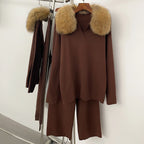 Reality Fur Jacket Pullover Set Woman Spring Knitted Suit Knitwear Female Real Fox Fur Collar Sweater Lady Autumn Knitted New - Matrix Studios