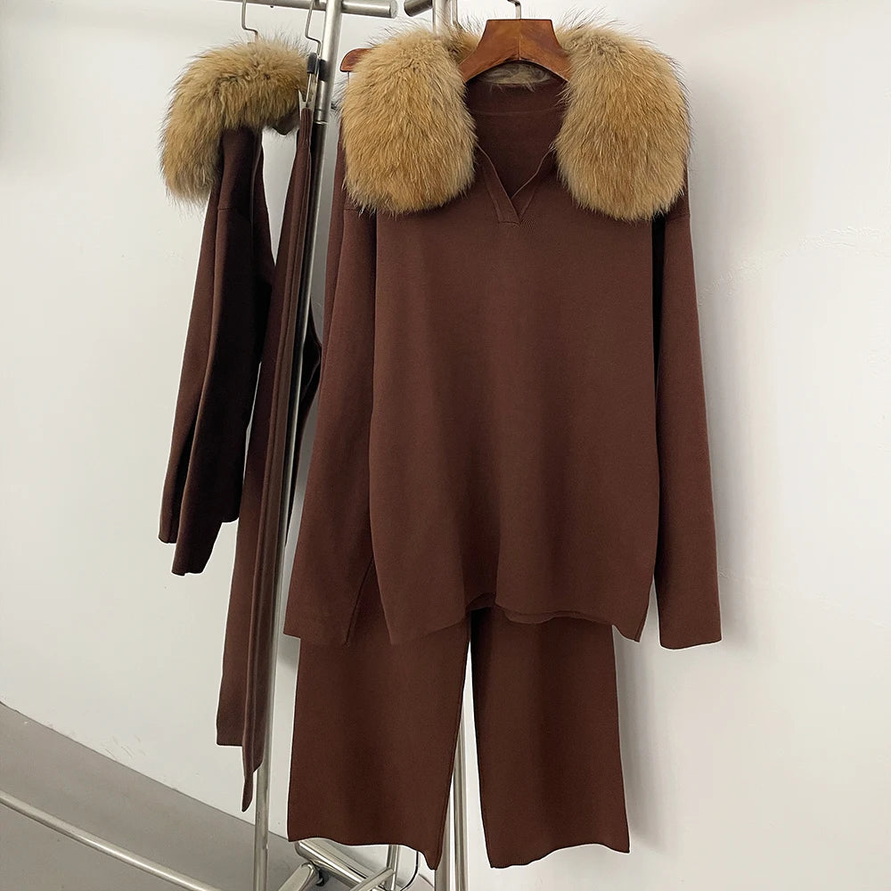 Reality Fur Jacket Pullover Set Woman Spring Knitted Suit Knitwear Female Real Fox Fur Collar Sweater Lady Autumn Knitted New - Matrix Studios
