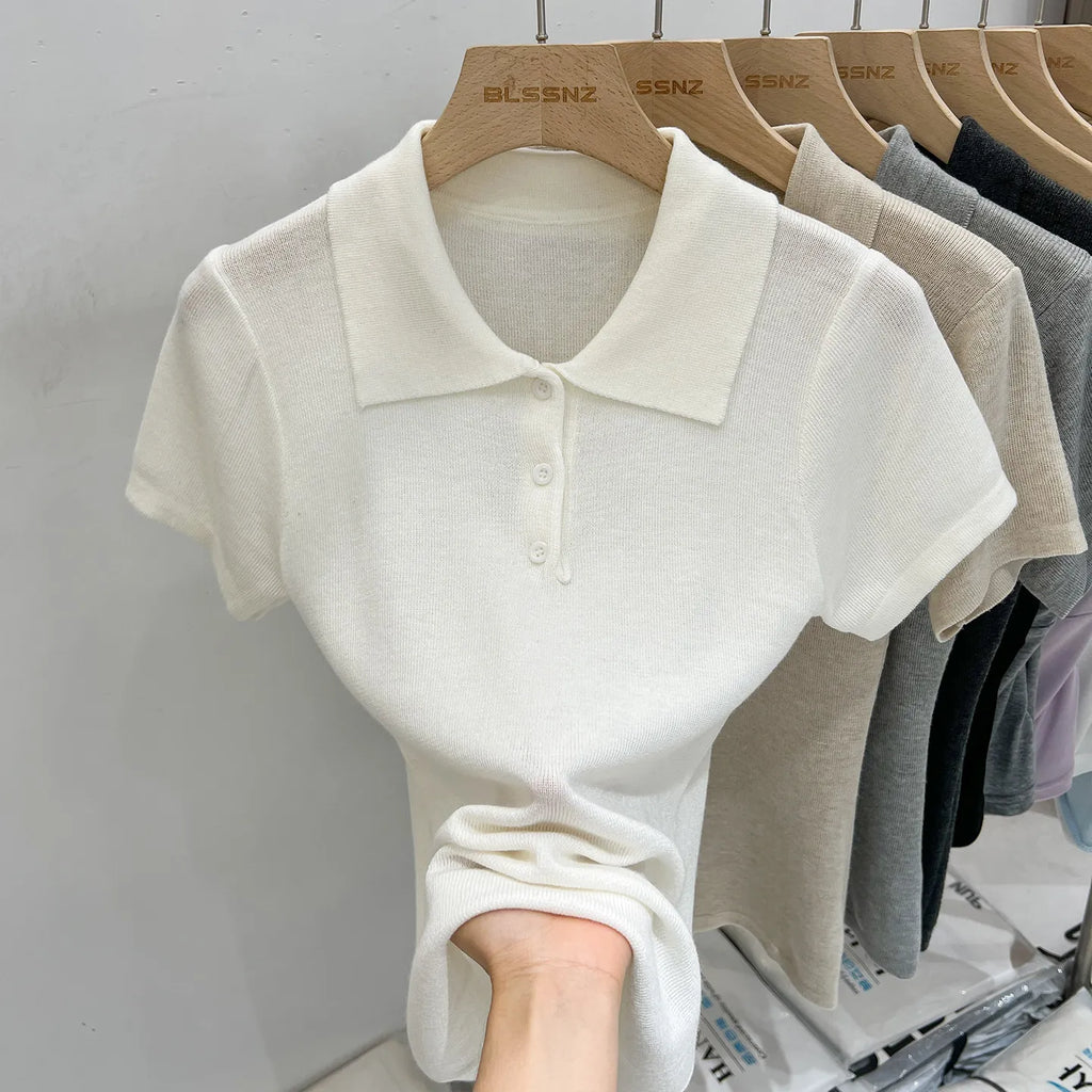 AOSSVIAO 2026 Summer Women Polo Collar Knit Short Sleeve T-shirt Fashion Versatile Simple Casual Slim Fit Button Tee Tops - Matrix-studios.com