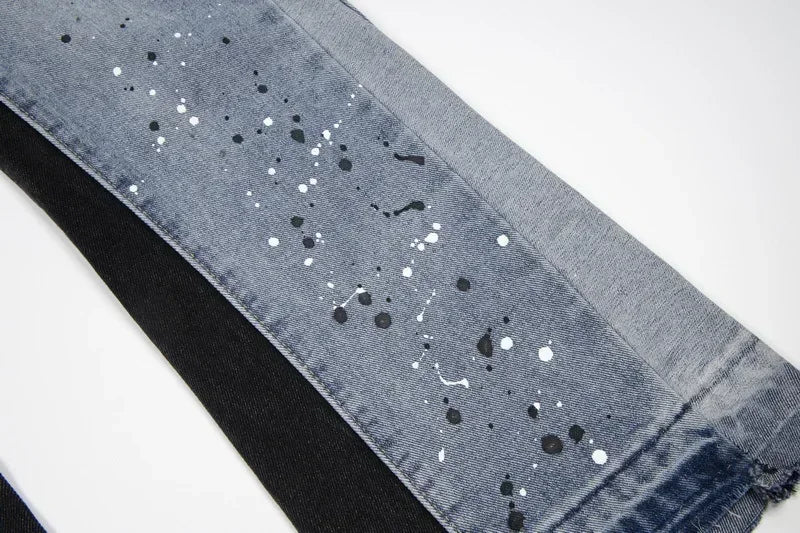 American retro washed letter spliced denim trousers high street trendy brand couple loose straight micro-flared long trousers - Matrix Studios