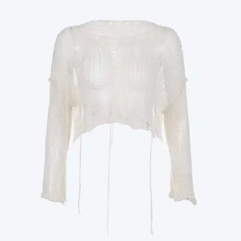 Y2k Cropped Hole Sweater Sexy Gyaru Hollow Out Knit Pullovers Goth Korean Long Sleeve Jumper Summer Fashion Sheer Knitwears Tops - Matrix Studios