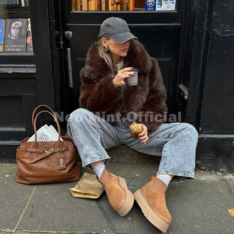 Neo Mint Ins Blogger Brand Fashion Burgundy Obsession Faux Fur Coat Women Winter 2025 Vintage Brown Fox Fur Jacket Warm Overcoat - Matrix Studios