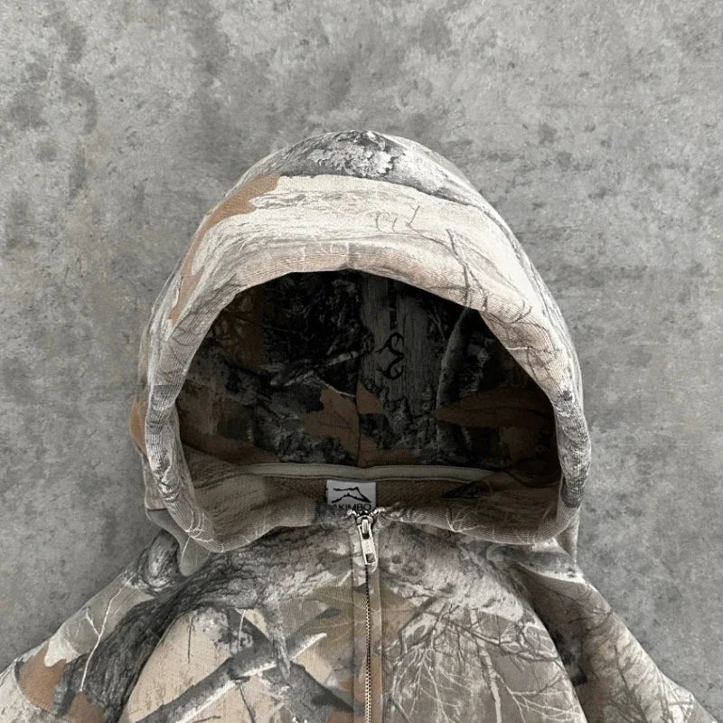 Y2K Retro Zip Up Hoodie Men Camouflage Pattern Zipper Sweatshirt High Street Hip Hop Streetwear Oversized Unisex Camo Hoodie - Matrix Studios