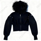 Y2K Harajuku Gothic Women's Hoodie Sexy Slim Chic Suede Fur Collar Letter Print Cardigan Sweatshirt Aesthetic Female Streetwear - Matrix Studios