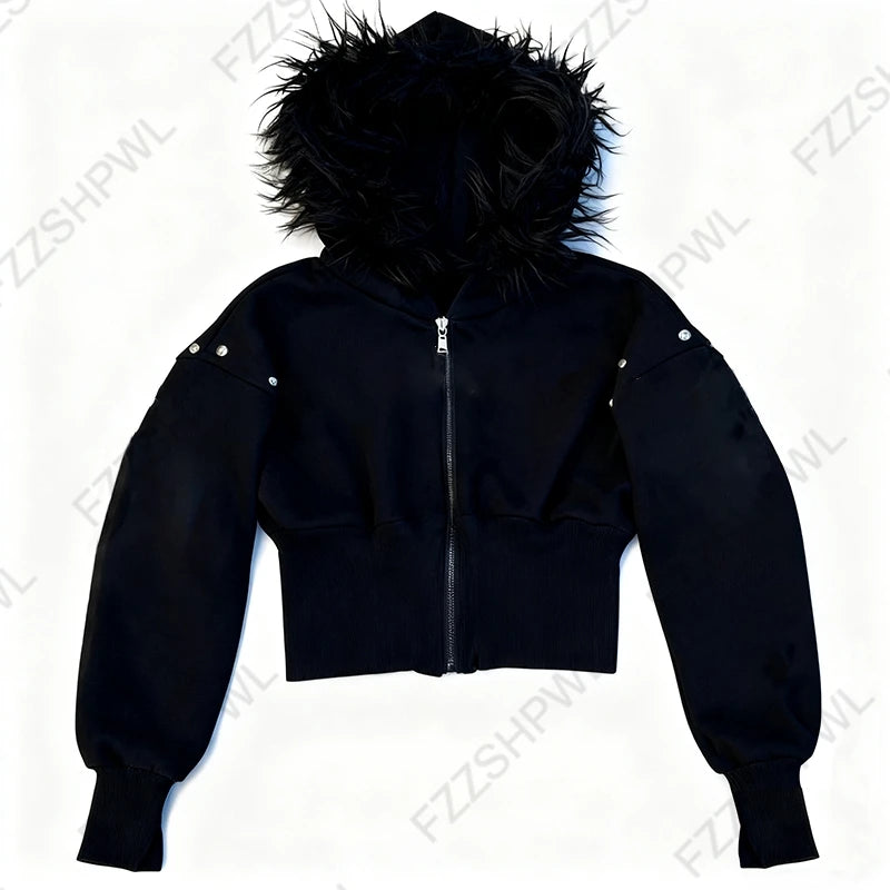 Y2K Harajuku Gothic Women's Hoodie Sexy Slim Chic Suede Fur Collar Letter Print Cardigan Sweatshirt Aesthetic Female Streetwear - Matrix Studios