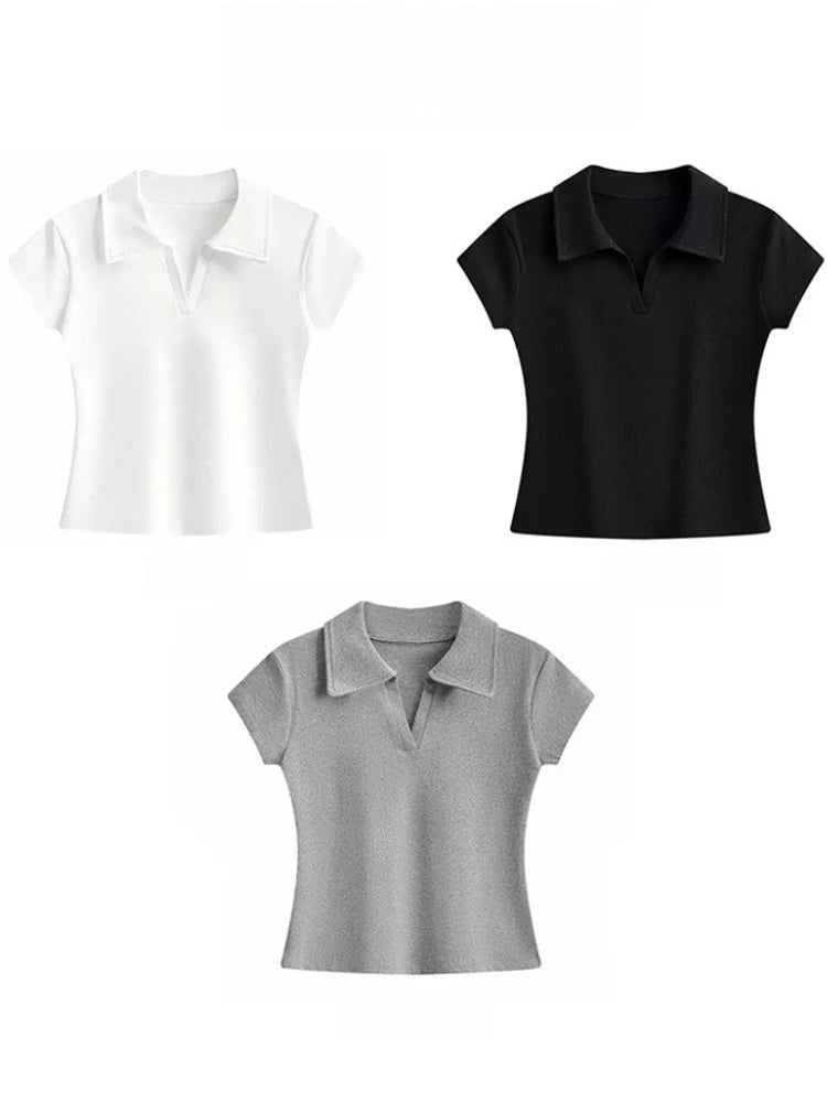 Minimalist Versatile Casual Top 2026 Summer New Solid Color Ribbed Polo Collar Women T-shirt Korean Style Slim Short Sleeve Tee - Matrix-studios.com
