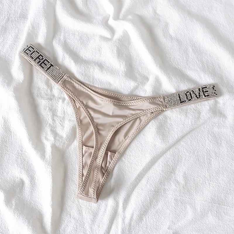 Low Waist Sexy Women Thongs Panties Rhinestones letter Diamonds G String Sports Thong Shorts Briefs T-back Fitness Size S-XL - Matrix Studios