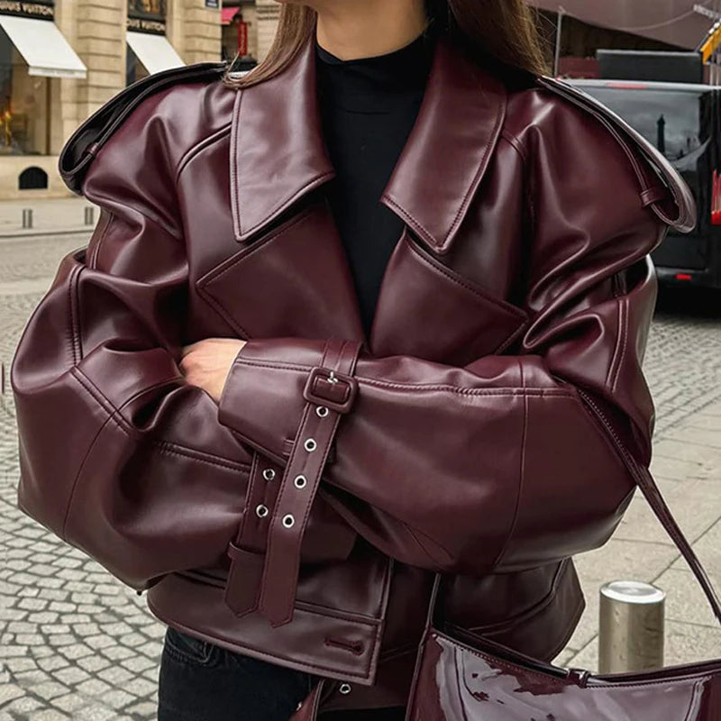 Fashion Lapel Wine Red Leather PU Jacket Autumn Winter Women's Jackets Vintage Long Sleeve Crop Coats Belt High Street New Coat - Matrix Studios
