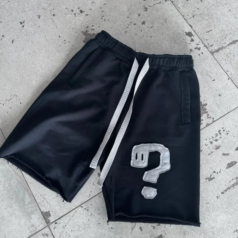 Y2K casual shorts trend symbol patchwork drawstring shorts solid color retro Harajuku hip hop men women fine fabric street wear