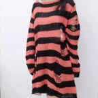 New Streetwear Top Punk Gothic Long Unisex Sweater Summer Women Striped Cool Hollow Out Hole Broken Jumper Loose Rock Thin Dark - Matrix Studios