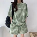 Women T-Shirt Shorts Suit Set Casual Tie Dye Loose Tshirt and Wide Leg Middle Shorts with Pockets Female Soft Summer Shorts Sets - Matrix-studios.com
