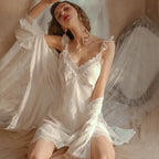 White Lace Bride Bridesmaid Wedding Robe Set Women Summer Sleepwear Kimono Bathrobe Gown Loose Casual Sleep Suit Sexy Home Dress - Matrix-studios.com