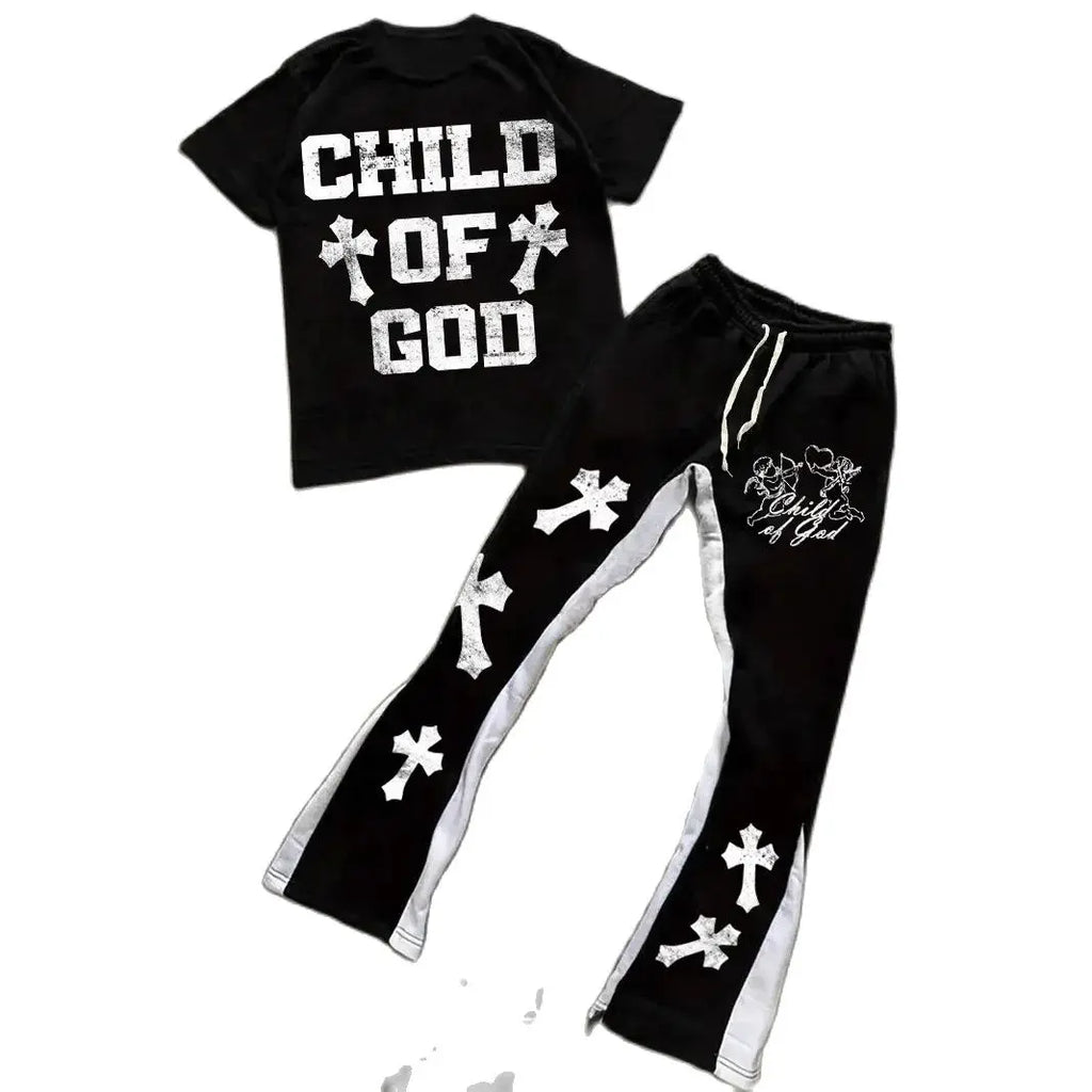 Men's Fashionable and Trendy Street Micro-flare Pants Set with Bold Color-blocking and Gothic Cross and Alphabet Prints