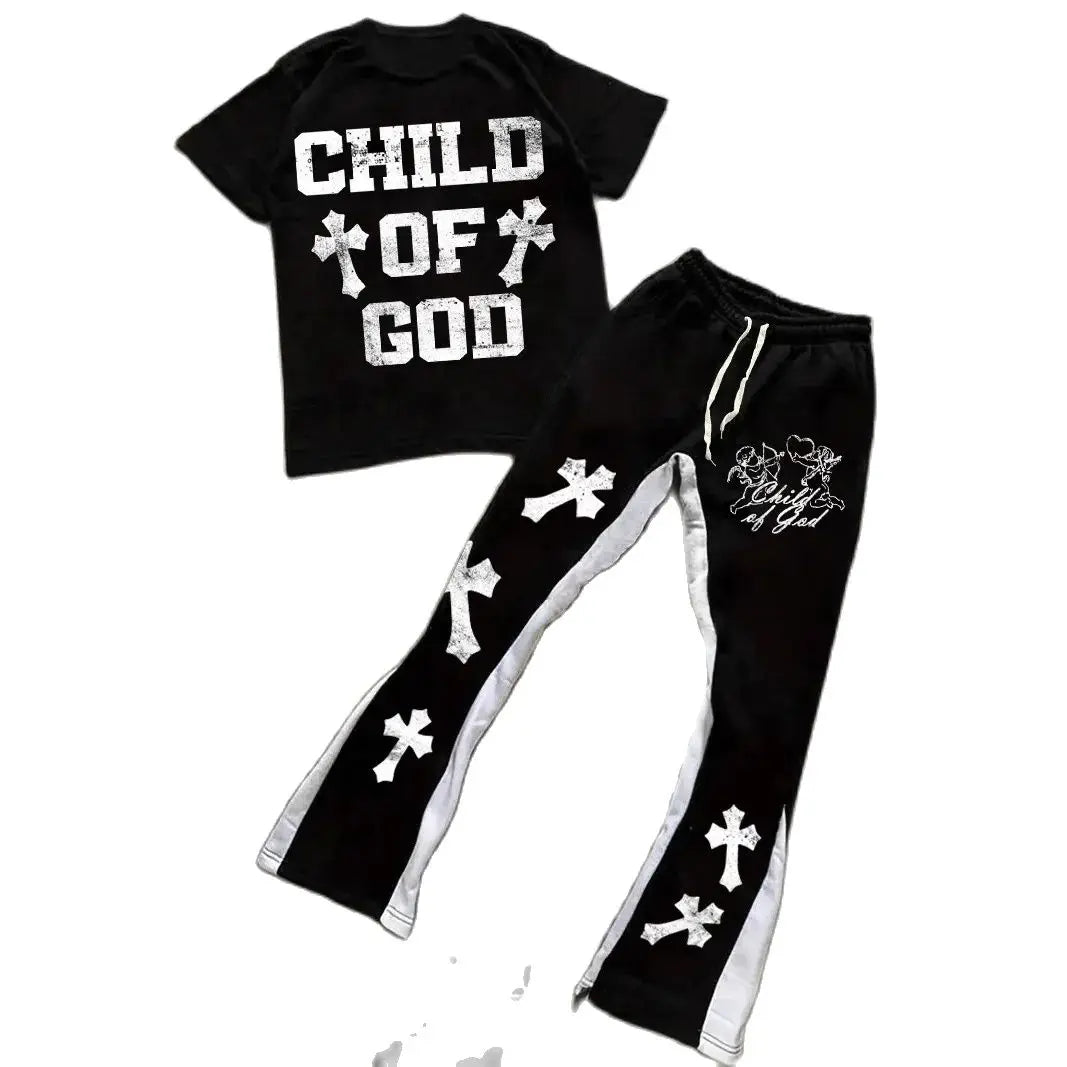 Men's Fashionable and Trendy Street Micro-flare Pants Set with Bold Color-blocking and Gothic Cross and Alphabet Prints