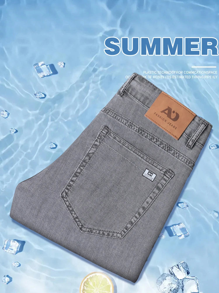 Summer Thin Men's Loose Straight Jeans Lyocell Soft Drape Business Casual Trousers Classic Smoke Gray Brand Ice Silk Pants - Matrix Studios