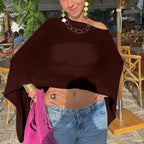 Combhasaki Women Knitwear Bikini Cover-up See-through Solid Off Shoulder Irregular Triangle Hem Loose Pullover Summer Beach Tops - Matrix Studios