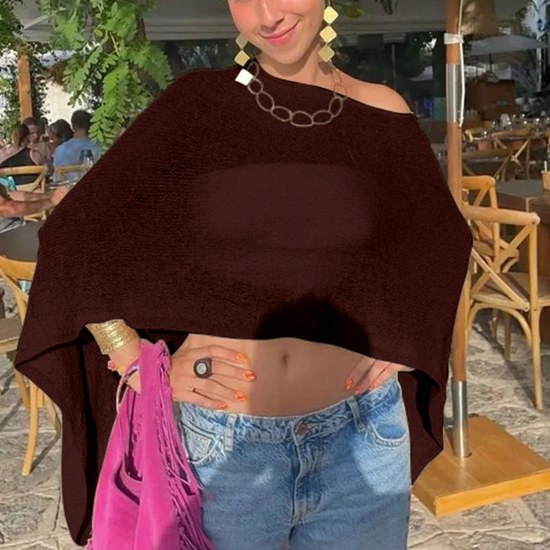 Combhasaki Women Knitwear Bikini Cover-up See-through Solid Off Shoulder Irregular Triangle Hem Loose Pullover Summer Beach Tops - Matrix Studios