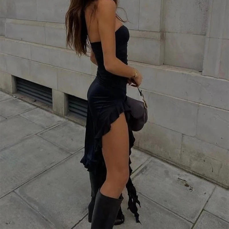 Women Strapless Sexy Floral Fold Hemline High Slit Mini Dress 2024 Solid Backless Sleeveless Black And Pink Party Dress Vestidos - Matrix-studios.com