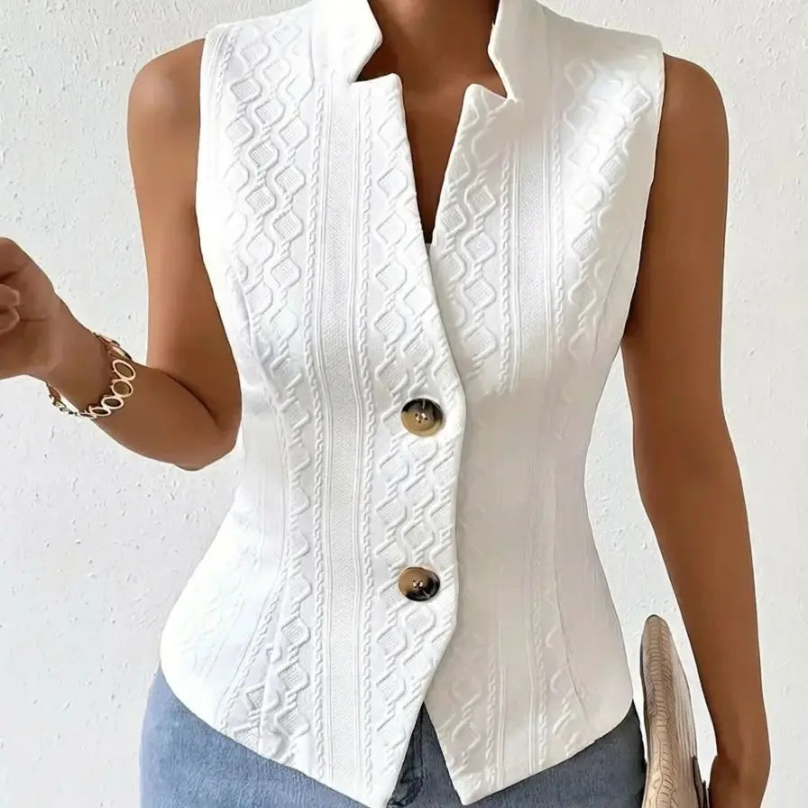 Women's Elegant V-Neck Sleeveless Blazer Vest Solid White Textured Button-Down Slim Fit Waistcoat Top - Matrix Studios