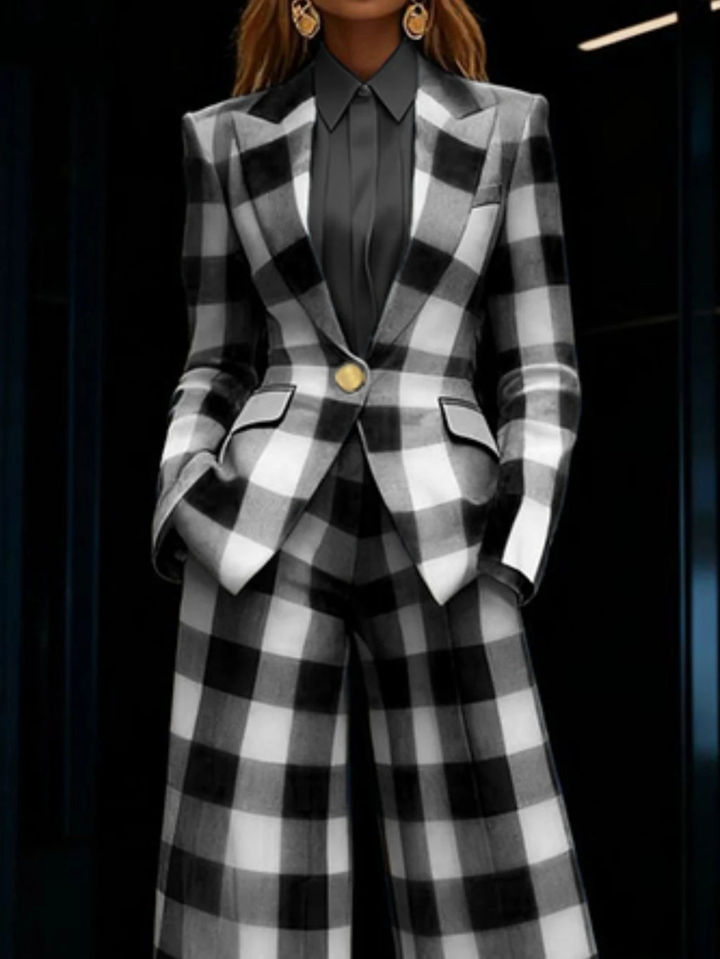 Plaid Print Lapel Single Button Blazer And High Waist Wide Leg Pants Two Piece Formal Business Matching Suit For Women Office Outfit Set - Matrix-studios.com