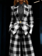 Plaid Print Lapel Single Button Blazer And High Waist Wide Leg Pants Two Piece Formal Business Matching Suit For Women Office Outfit Set - Matrix-studios.com