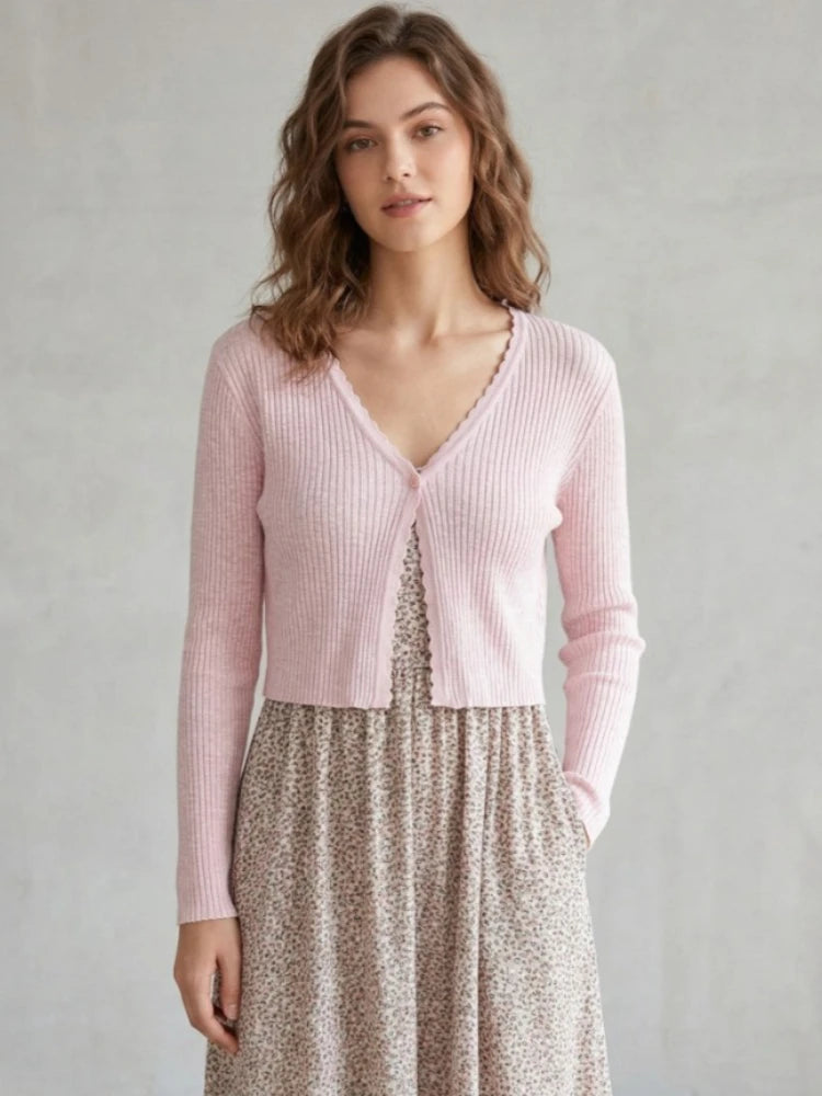 Women Cardigans Long Sleeve Knitted Outerwear Solid Thin Spring Short Sweaters V-neck Knitwears Korean Fashion Cardigans 2026 - Matrix Studios