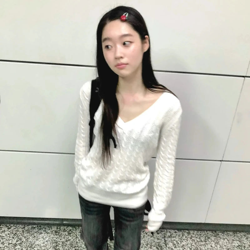 Karrram Japanese Y2k V-neck White Sweater Vintage Harajuku Knit Slim Pullover Korean Style Fall Winter Knitwear 2000s Aesthetics - Matrix Studios
