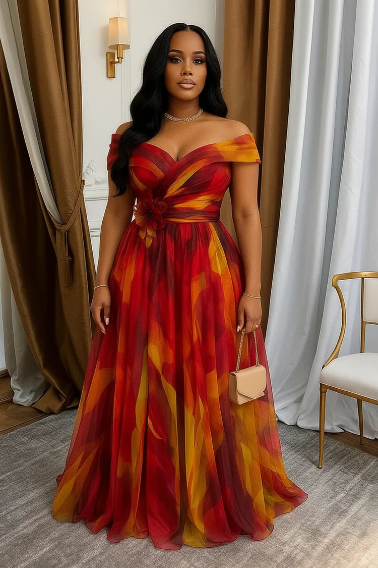 Women Off Shoulder Printed Maxi Gown With Front Slit For Wedding Guest Formal Evening Prom And Banquet Occasion - Matrix-studios.com