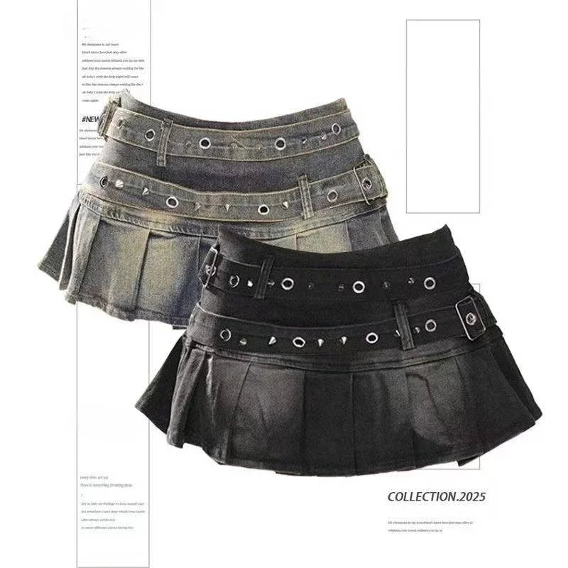 Women's Blue Black Riveted Belt Denim Skirt Y2K Harajuku High Street Fashion 90s Sexy A-line Mini Skirt Summer Clothing 2026 New - Matrix-studios.com