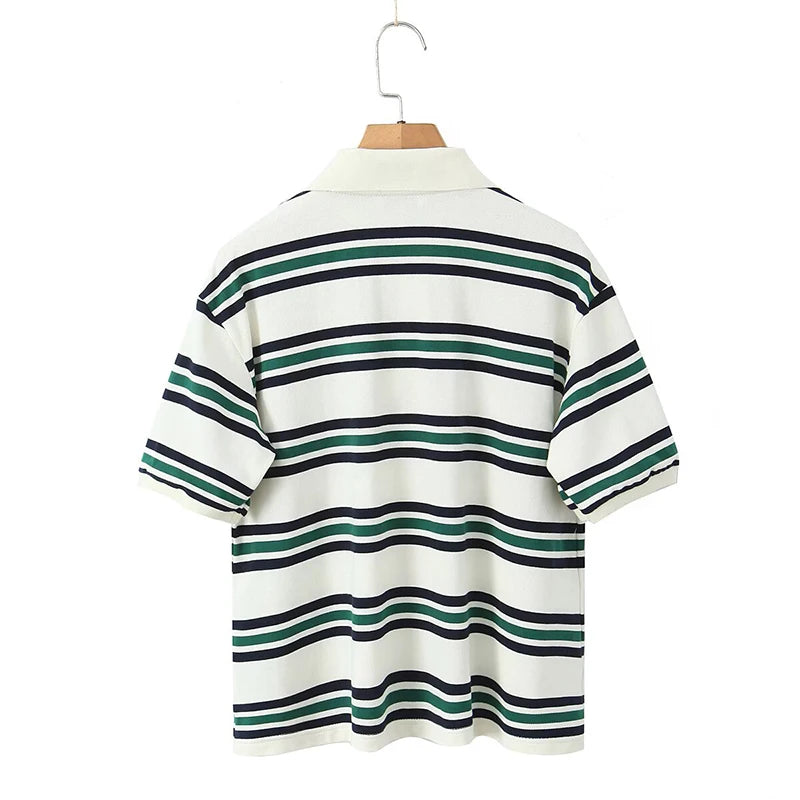 YENKYE 2025 Women American Retro Contrasting Striped T Shirt Women Polo Collar Short Sleeve Preppy Vintage Tees Y2K Tops - Matrix-studios.com