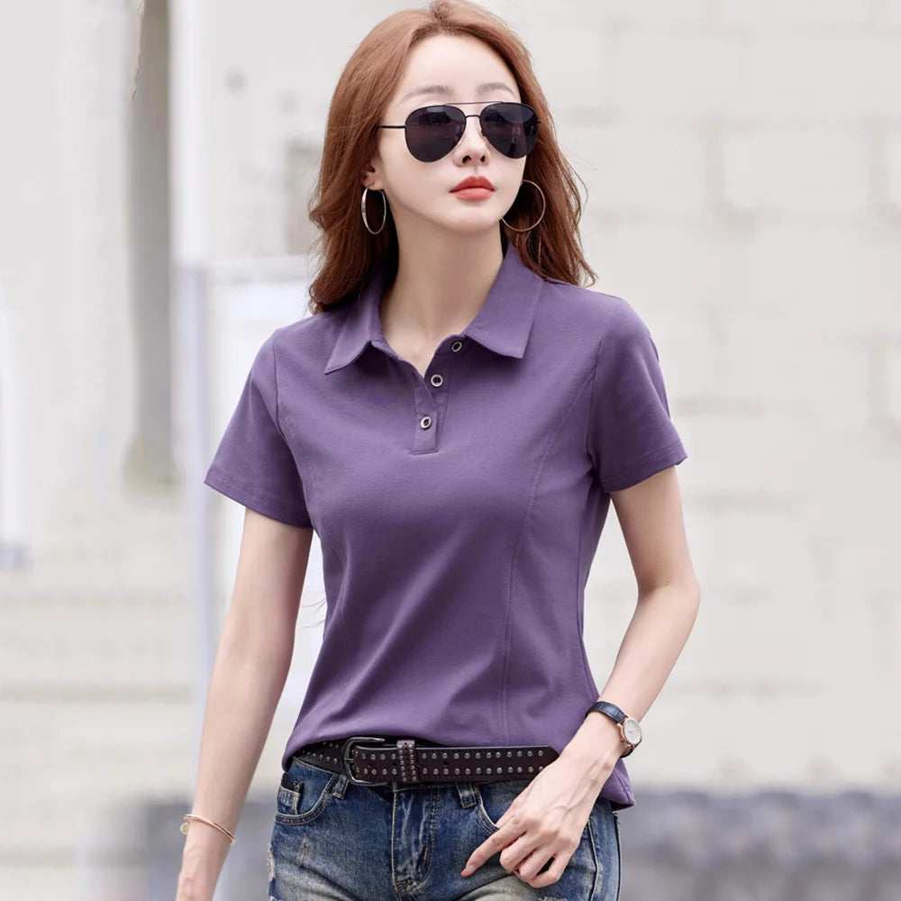 New Women Summer Casual T-shirt Fashion Button Turn-down Collar Short Sleeve Slim Polo T-shirt Simplicity Solid Color T-shirt - Matrix-studios.com