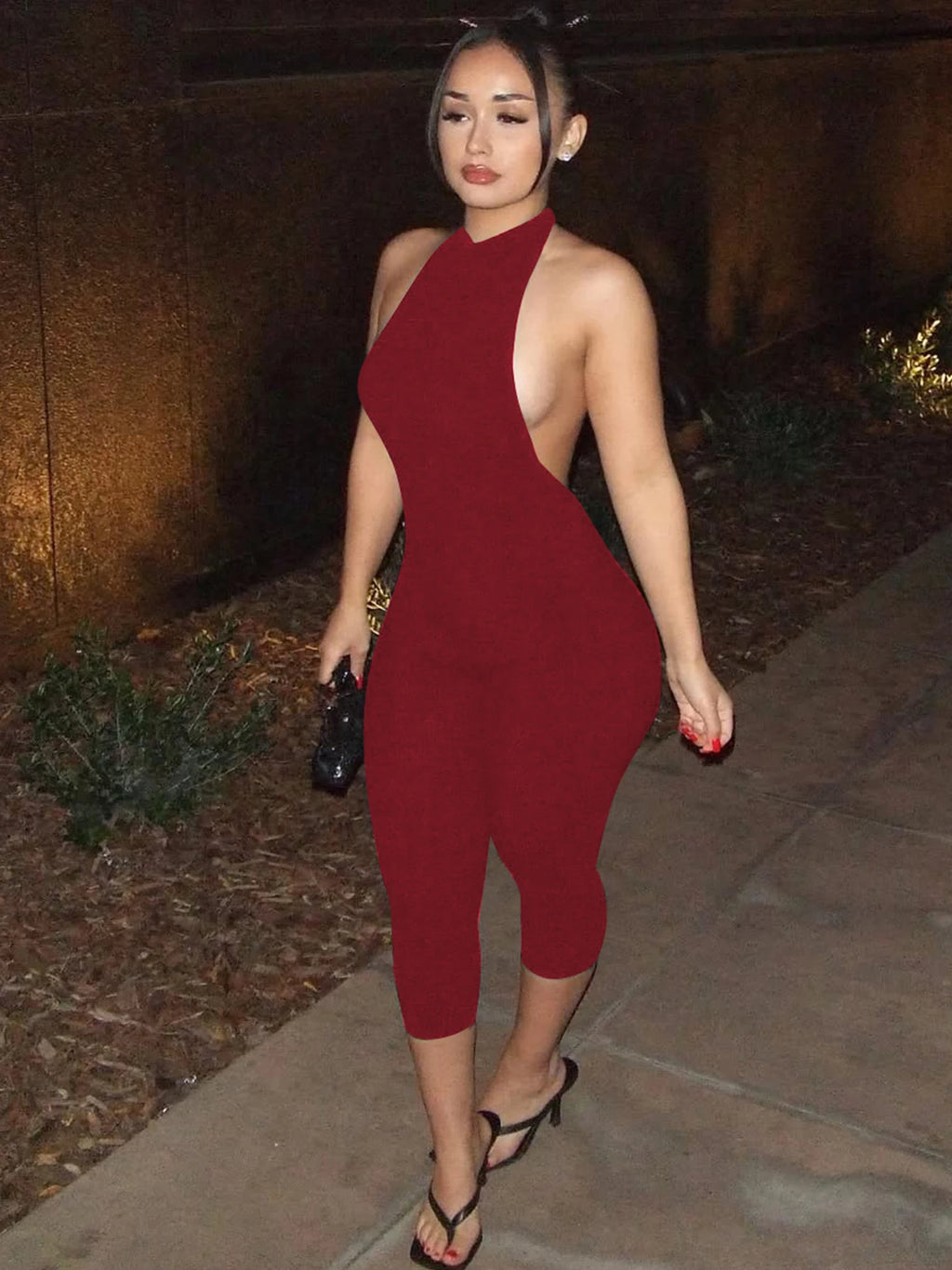 Hugcitar Ribbed Halter Backless Solid Button Sexy Bodycon Skinny Jumpsuit Summer Women Fashion Vacation Romper Streetwear Club - Matrix Studios
