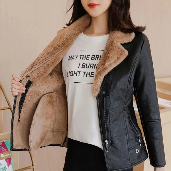 2022 New Winter PU Leather Jacket Women Short Blazers Coat Fleece Double-faced Fur Leather Outerwear Lady Slim Suit Tops Jackets - Matrix Studios