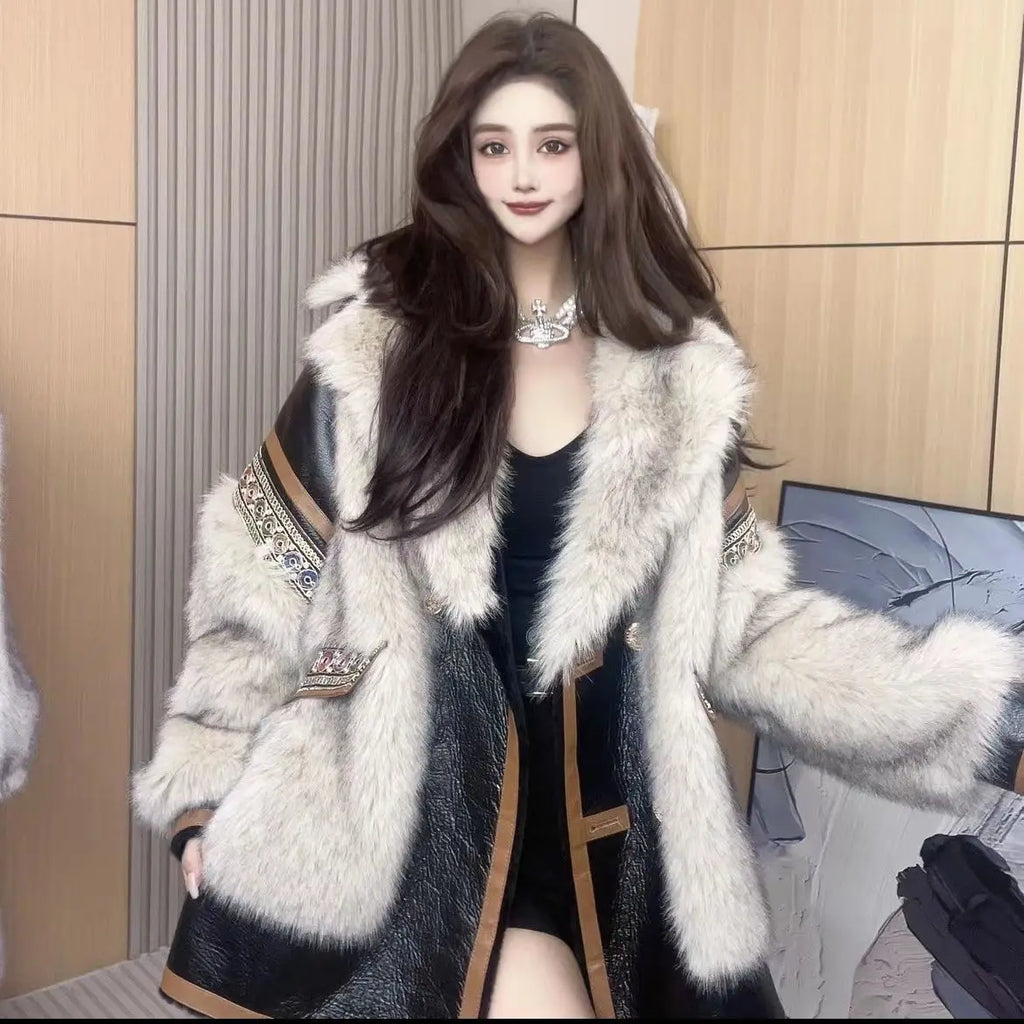 Ethnic Winter Faux Fox Fur PU Splice Coat Turn Down Collar Imitation Mink Fur Faux Leather Jacket Warm Furry Parka Cardigan Tops - Matrix Studios