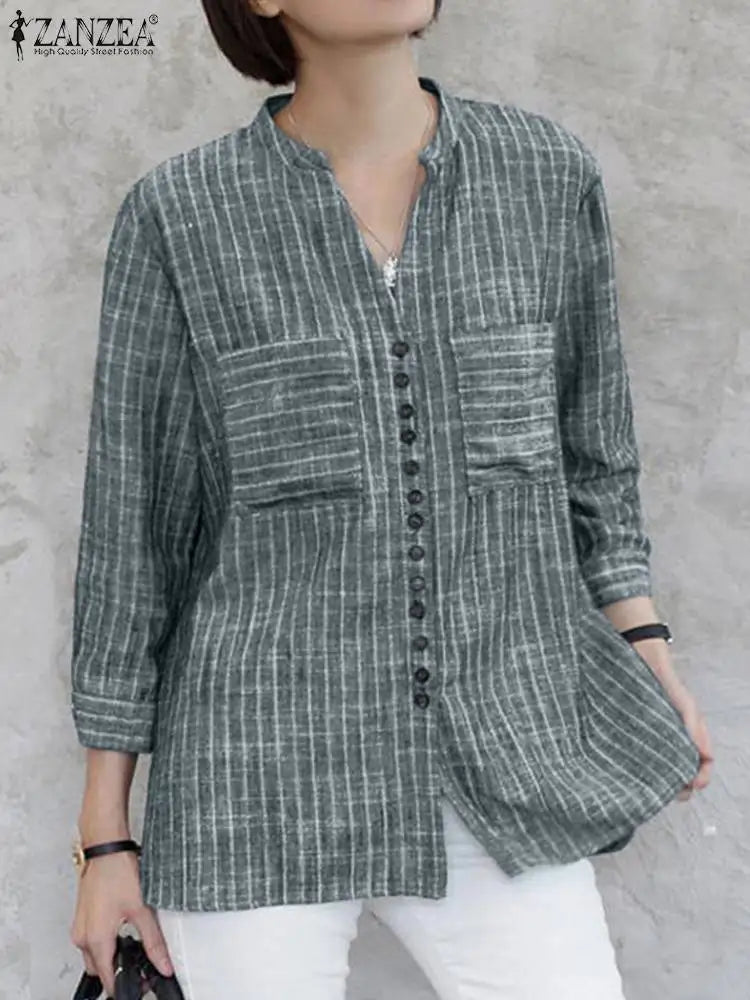 ZANZEA Women Vintage Striped Blouse Summer 3/4 Sleeve Loose Shirt Fashion V-Neck Button Up Tops Elegant Blusas Femme Tunic Mujer - Matrix-studios.com